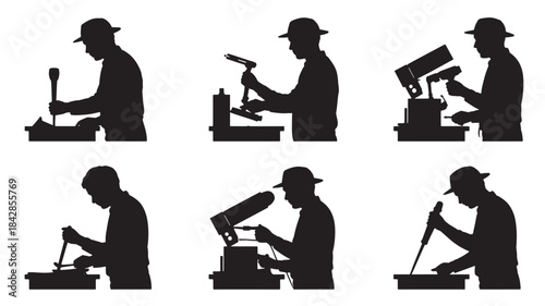 Silhouette icons of worker using various industrial tools and machinery, black vector set