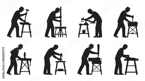 Silhouette Worker Operating Various Industrial Machines in Factory