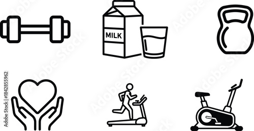 A comprehensive collection of health and fitness related outline icons showcasing various elements for a healthy lifestyle and physical activity