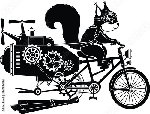 Whimsical steampunk squirrel riding a modified bicycle with gears and engine accents surreal and imaginative concept art isolated on white background