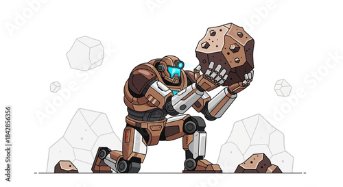 Automated astronaut holding a space rock with digital outline and lunar background details