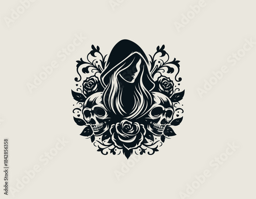 Melancholy hooded woman silhouette framed by macabre gothic skulls and beautiful blooming roses. Dark aesthetics concept