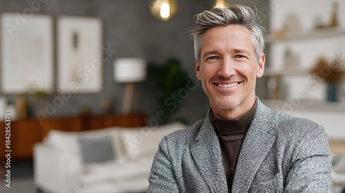 Confident Gaze in a Cozy Home: A distinguished gentleman exudes charm and warmth, radiating confidence as he stands within a beautifully decorated living space.