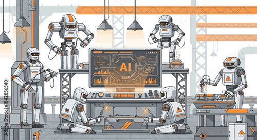 Automated assembly line with futuristic robots utilizing artificial intelligence supervision for