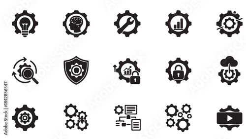 Engineering, Technology, and System Configuration Vector Icons: Settings, Optimization, Security, and Development Glyphs
