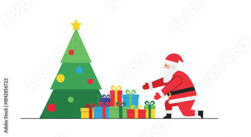 Joyful santa claus kneeling beside a decorated christmas tree surrounded by colorful gifts preparing for festive holiday celebrations isolated on white background