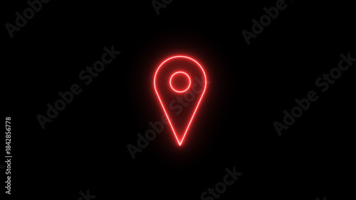 Red neon location pin icon on black background map marker