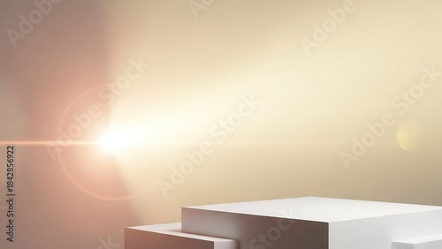 Bright sunlight shining on stacked white blocks with lens flare on beige background