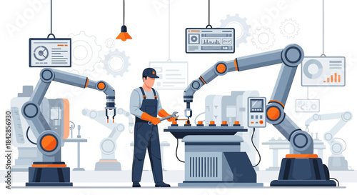 Automated factory environment featuring robotic arms and a human technician performing maintenance