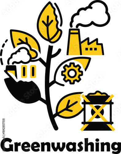 Illustration of a plant with factories and a crossed-out coal icon, representing greenwashing and environmental concerns.