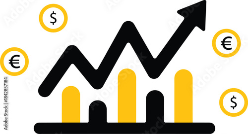 Financial growth and investment success illustrated with rising chart and currency symbols.
