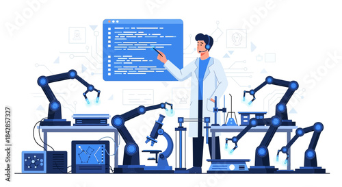 Automated laboratory research with robotic arms and scientist overseeing the system, pushing