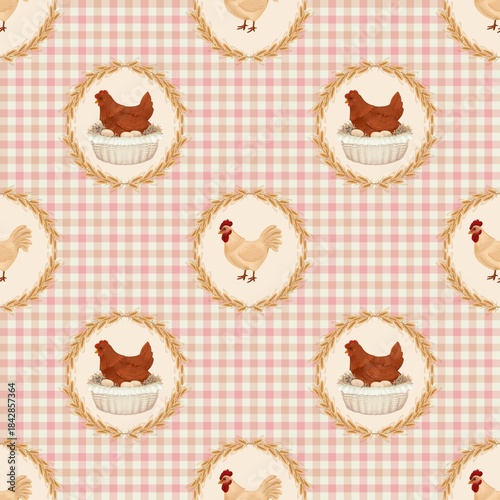 A delightful seamless pattern featuring hens and chickens inside oval wheat wreaths, repeated over a soft pink and beige checkered gingham background.