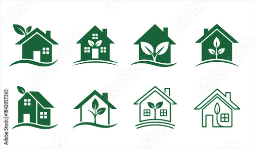 Set of green eco house icons with leaf and plant symbols