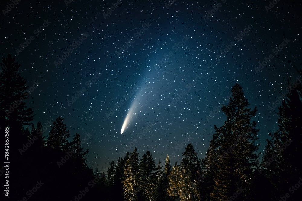 Fototapeta premium glowing comet tail streaming across a dark starry sky