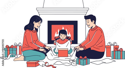 Happy family opening christmas presents by the fireplace cozy winter holiday scene celebrating together festive season joyful gathering festive gifts isolated on white background