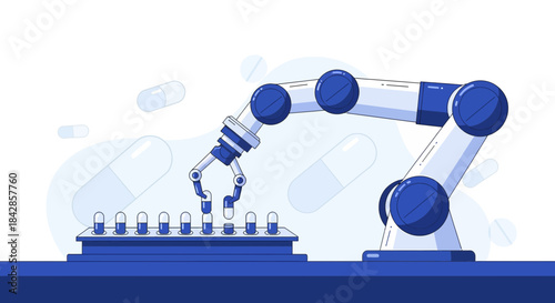 Automated Pharmaceutical Production: Robot Arm Assembling Pills in a Modern Medical Facility
