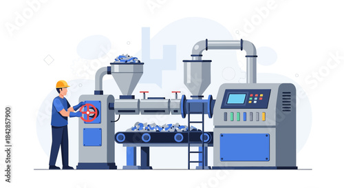 Automated recycling processing plant converting waste to new materials with an operator