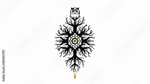 Whimsical forest spirit with owl and intricate tree branches on white background.