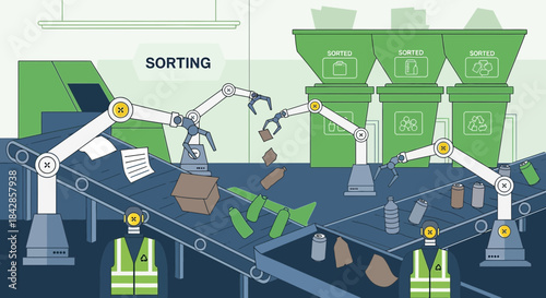 Automated recycling facility illustrating robot arms and conveyor belts sorting waste materials