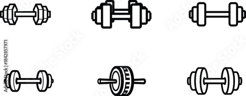 A comprehensive set of modern fitness equipment outline icons featuring several types of dumbbells and an ab roller for gym and workout graphics