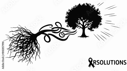 Roots of a tree reaching out to nurture a flourishing, radiant tree.