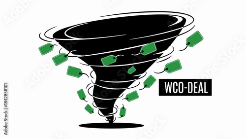 Tornado of shopping tags swirling around a dark vortex, representing overwhelming sales or deals.