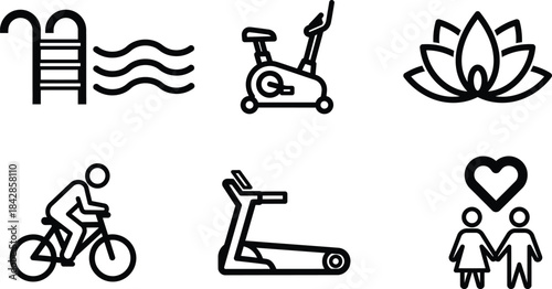 A comprehensive set of modern minimalist outline icons depicting health fitness sports wellness leisure and loving relationship activities