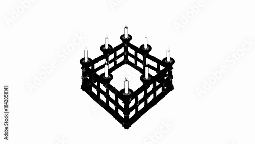 Elegant geometric candle holder with lit candles, casting a warm glow on a white background.