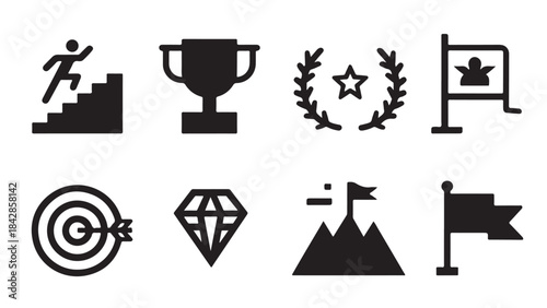 Success, Achievement, and Victory Vector Icons: Goals, Trophies, Targets, and Leadership Symbols
