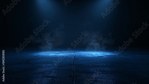 Dark empty stage background with dramatic blue spotlights illuminating wet textured floor and rising smoke for cinematic presentation or product display