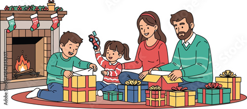 Happy family unwrapping christmas presents by cozy fireplace festive holiday gathering joyful winter celebration celebration scene isolated on white background