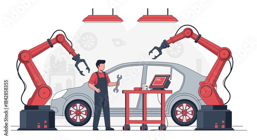 Automated vehicle repair shop showcasing a futuristic automotive servicing and robotics integration