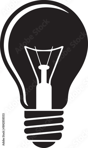 Black and white graphic of a light bulb with filament and screw base idea innovation