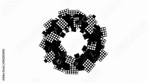 Abstract circular pattern of black and white cubes creating a dynamic, geometric design