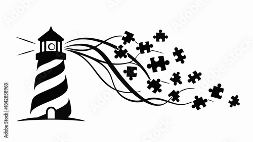 Lighthouse beam disperses into scattered puzzle pieces, symbolizing ideas and solutions emerging