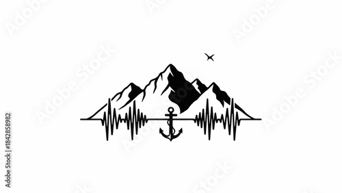 Majestic mountain peaks rise above an anchor and a heartbeat soundwave, symbolizing adventure and life.
