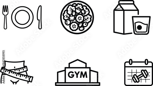 A comprehensive set of simple black line art icons representing a healthy lifestyle encompassing diet fitness and wellness routines