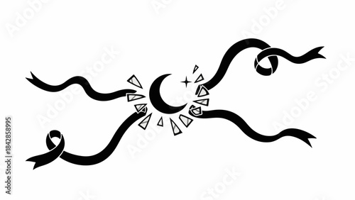 Elegant black ribbon accents framing a stylized crescent moon with radiating light