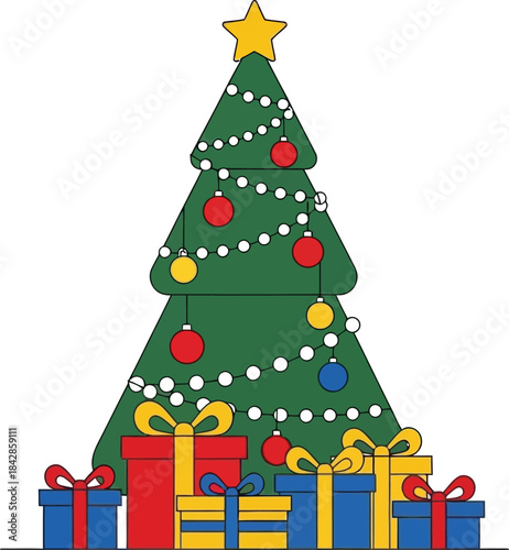 Festive decorated christmas tree with presents underneath illuminated with colorful lights and star topper a symbol of holiday joy and celebration isolated on white background