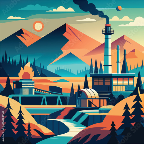 Industrial landscape with mountains and a factory