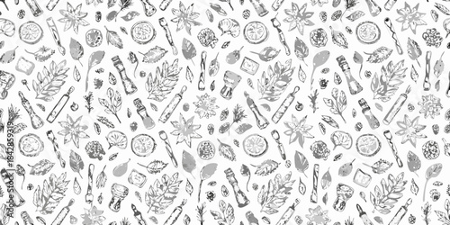 Detailed monochrome pattern featuring various vintage cosmetic tools and botanical elements