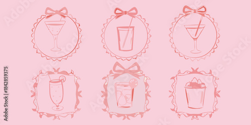 Pink sketches of various cocktail glasses framed with ornate decorative borders