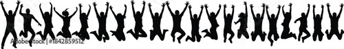 Large group of diverse people silhouette jumping and celebrating with hands raised in the air, joyful crowd, achievement, success, freedom, and happiness d.