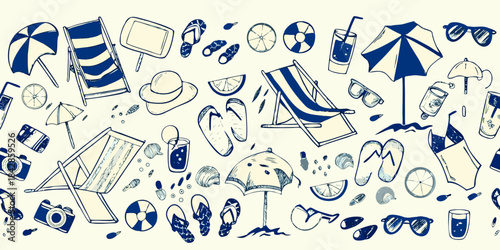 A seamless pattern of summer essentials beach chairs drinks and accessories