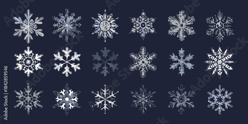 A collection of intricate snowflake designs against a dark blue background