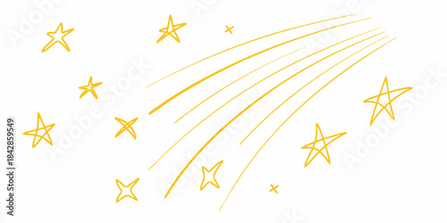 Golden stars and shooting stars on a plain white background