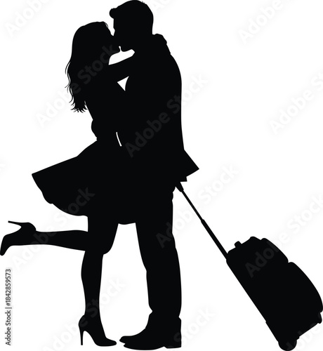 Romantic couple kissing silhouette with travel luggage, affectionate goodbye or joyful reunion, honeymoon vacation departure or arrival, vector 