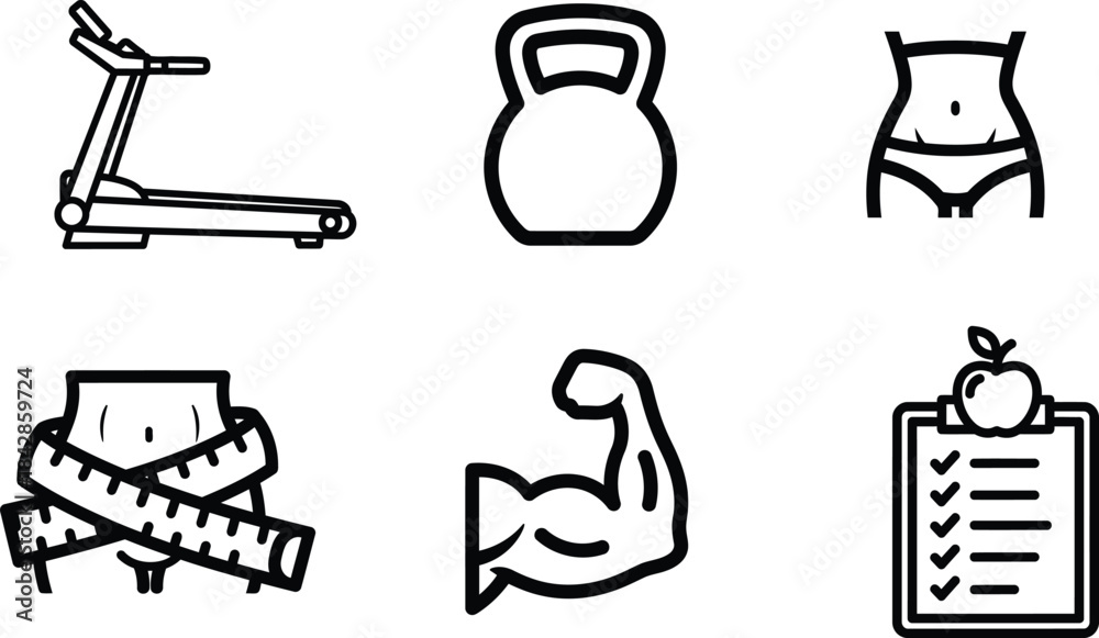 Fototapeta premium Collection of line art fitness icons including treadmill kettlebell measuring tape slim waist and healthy diet plan symbols