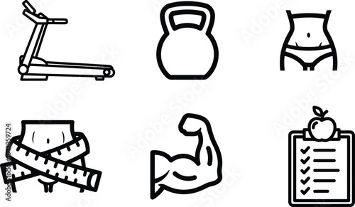 Collection of line art fitness icons including treadmill kettlebell measuring tape slim waist and healthy diet plan symbols